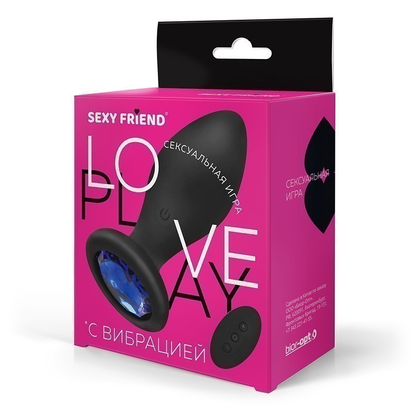 ВТУЛКА С ВИБРАЦИЕЙ чёрный, цвет кристалла синий, 10 режимов вибрации, L 90 мм D 35 мм, дистанционный пульт  арт. SF-70504-13