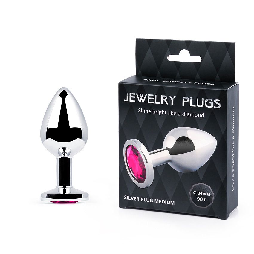 SILVER PLUG MEDIUM (втулка анальная), L 82 мм, D 34 мм, вес 90г, цвет кристалла рубиновый, арт. SM-14