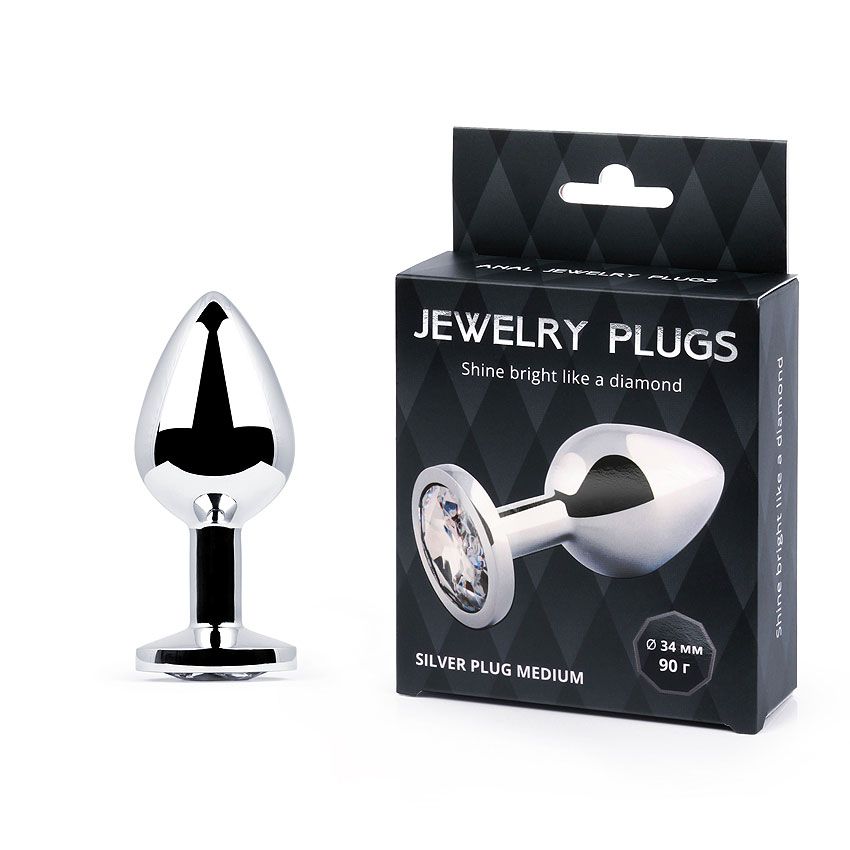 SILVER PLUG MEDIUM (втулка анальная), L 82 мм, D 34 мм, вес 90г, цвет кристалла бесцветный, арт. SM-01