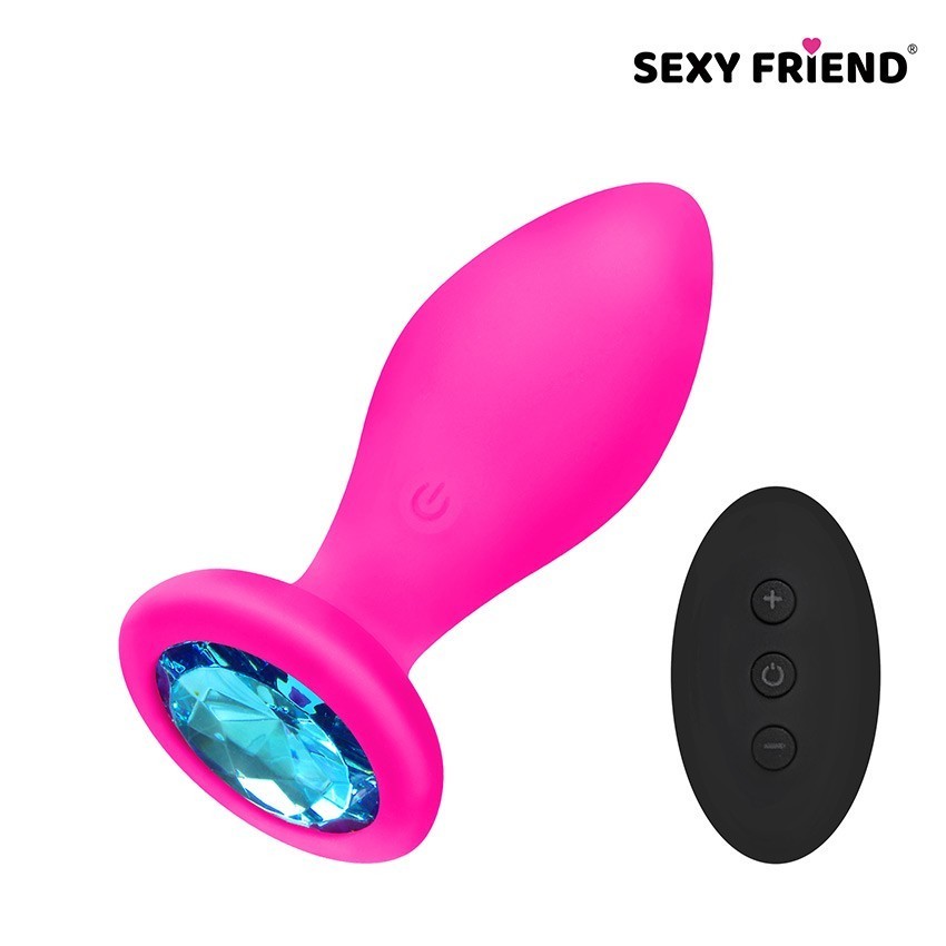 ВТУЛКА С ВИБРАЦИЕЙ фуксия, цвет кристалла голубой, 10 режимов вибрации, L 85 мм D 32 мм, дистанционный пульт арт. SF-70390-05