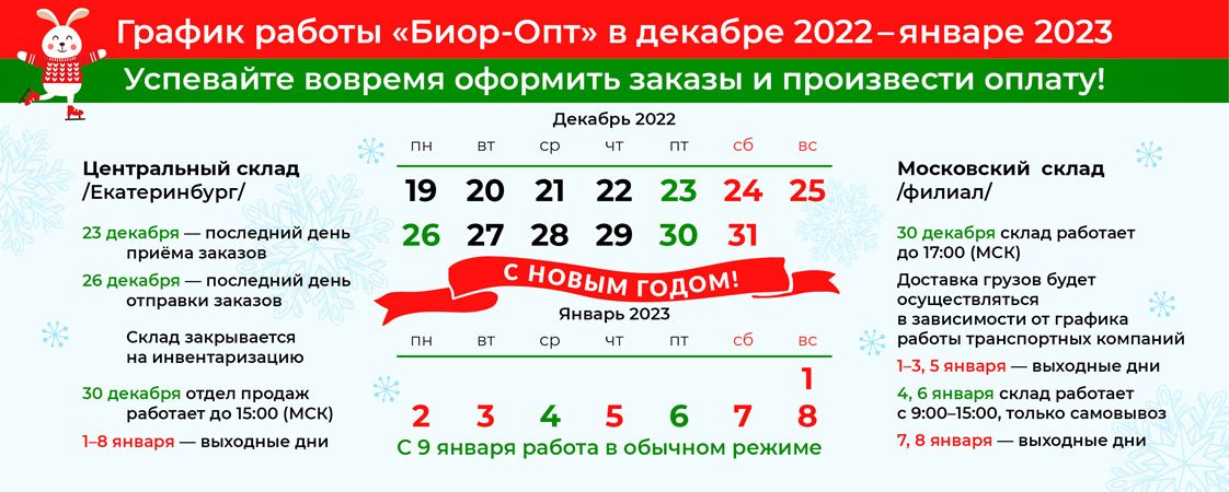 График работы "Биор-Опт" в период новогодних праздников в 2022-2023 г!