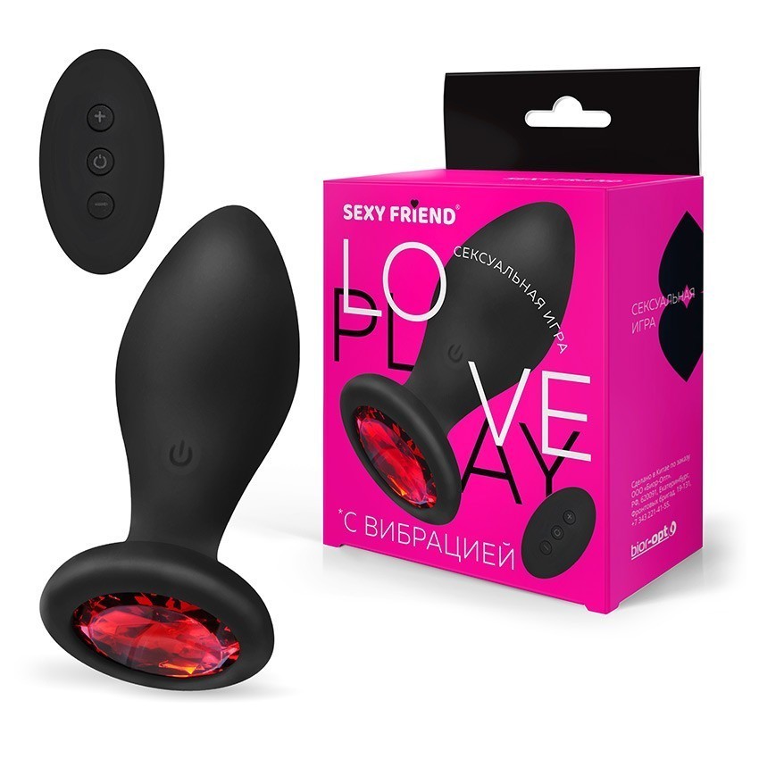 ВТУЛКА С ВИБРАЦИЕЙ чёрный, цвет кристалла красный, 10 режимов вибрации, L 90 мм D 35 мм, дистанционный пульт арт. SF-70504-16